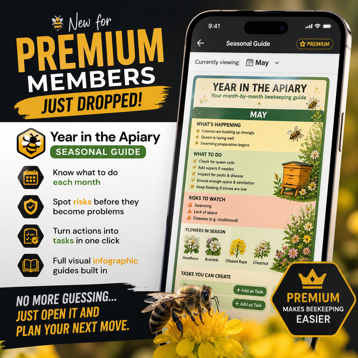 HiveTag Premium Year in the Apiary seasonal guide showing monthly beekeeping tasks, risks and one-click task creation