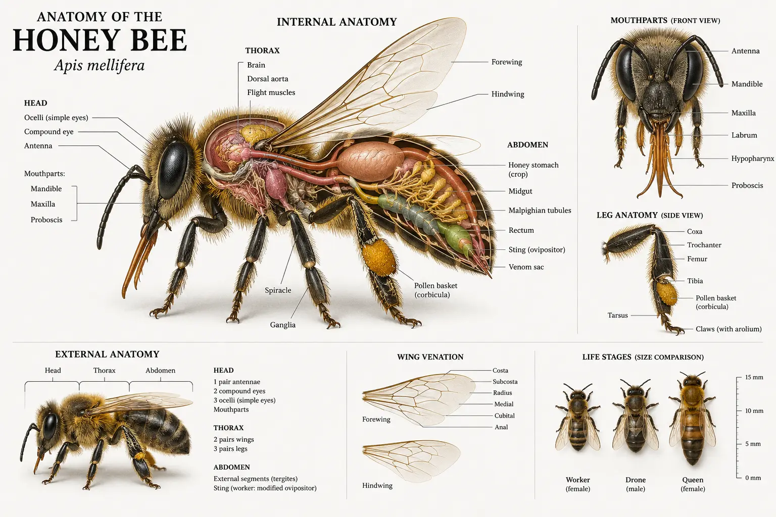 Close-up of the anatomy of the honeybee