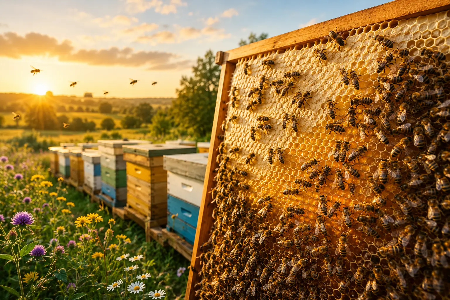 Honey bees storing ripened honey in honeycomb inside a UK beehive during summer nectar flow