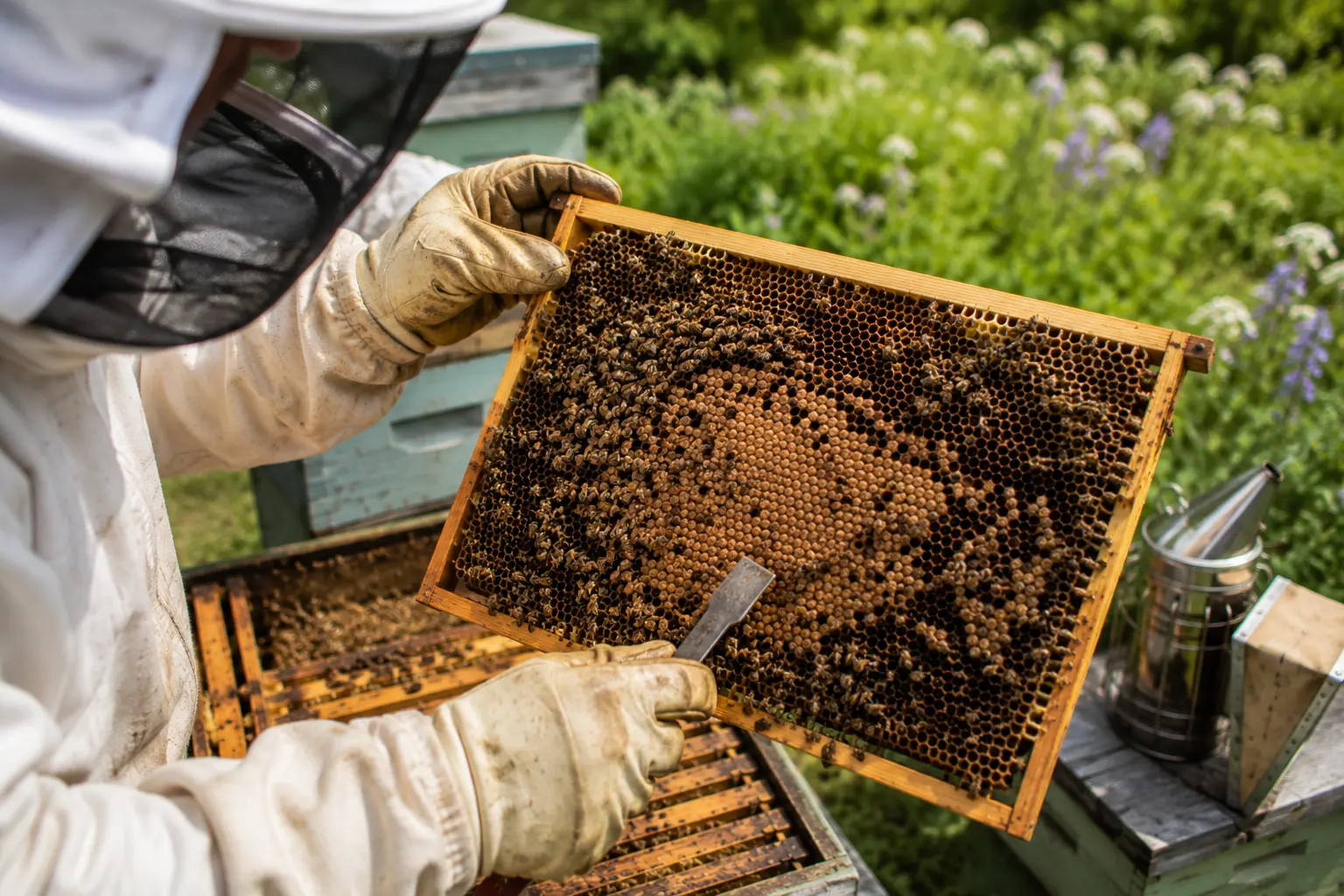 Beekeeper checking brood comb for eggs and signs of a queen in a honey bee colony