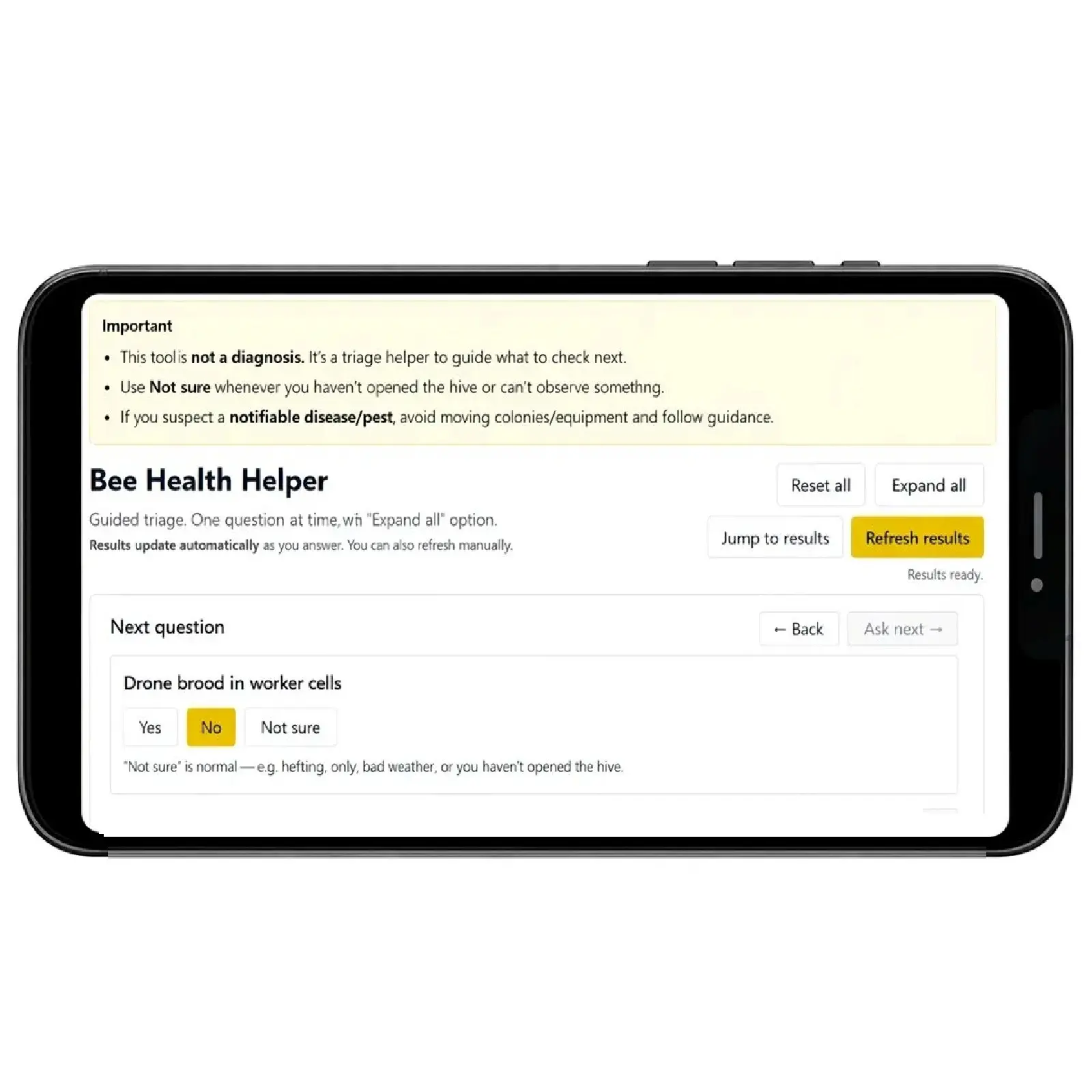 Bee health check representing colony health and disease observations