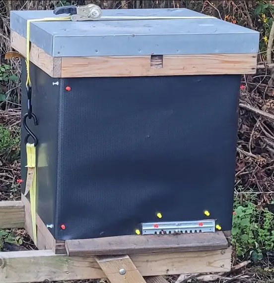 Mouse guard fitted across a beehive entrance before winter