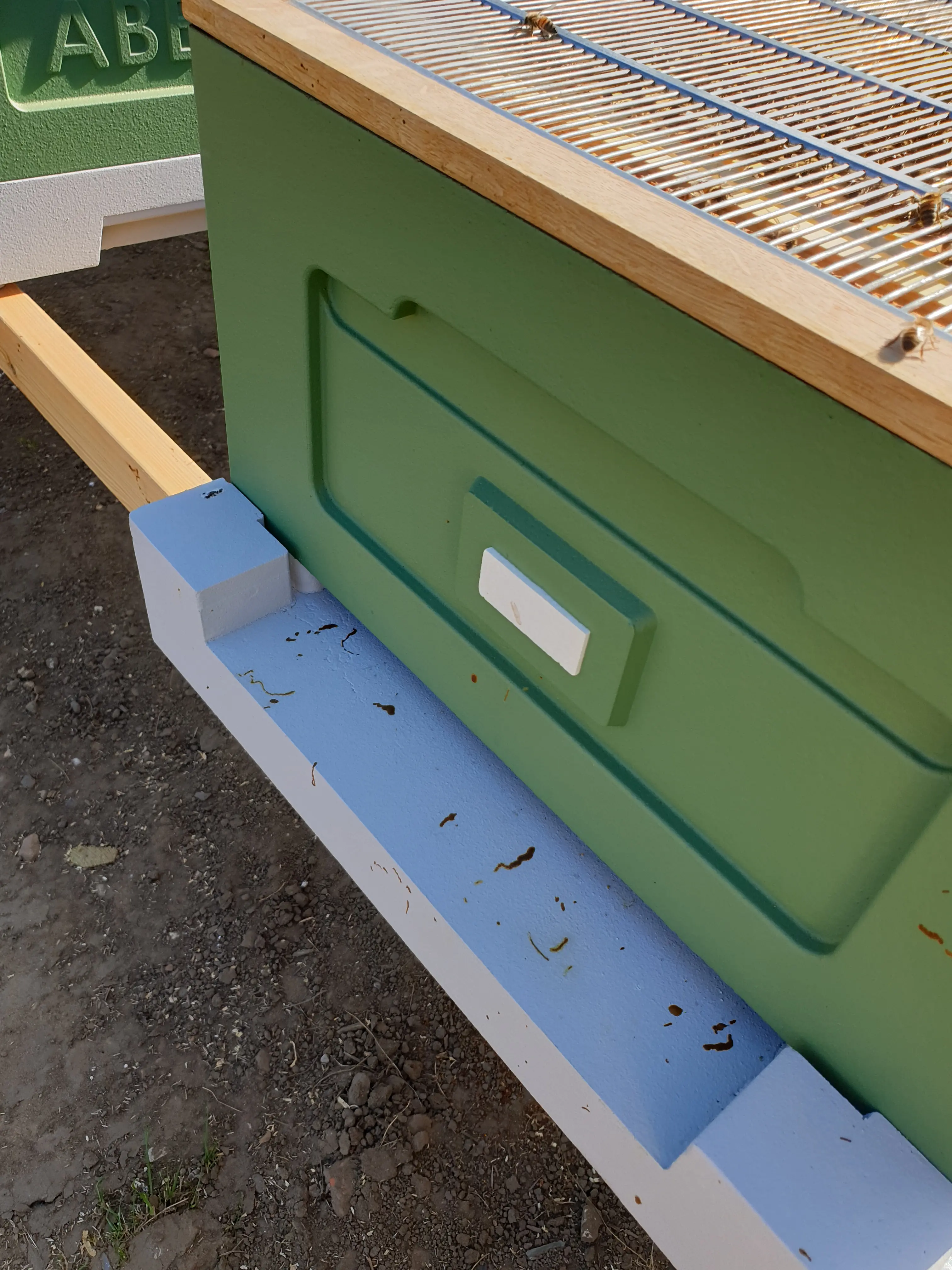 Hive front showing brown dysentery streaks sometimes associated with Nosema in honey bees