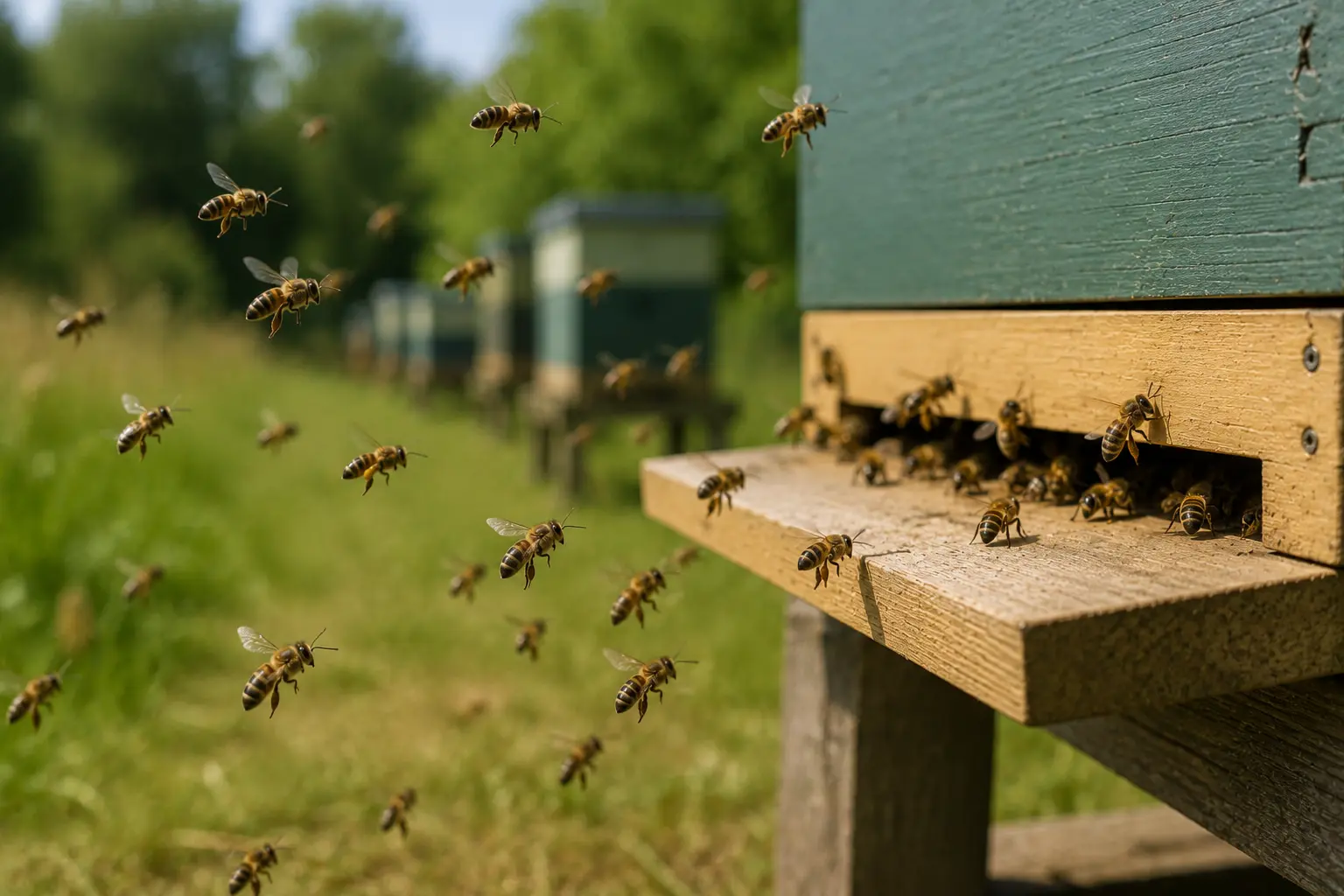 Young honey bees hovering in front of the hive entrance during orientation flights