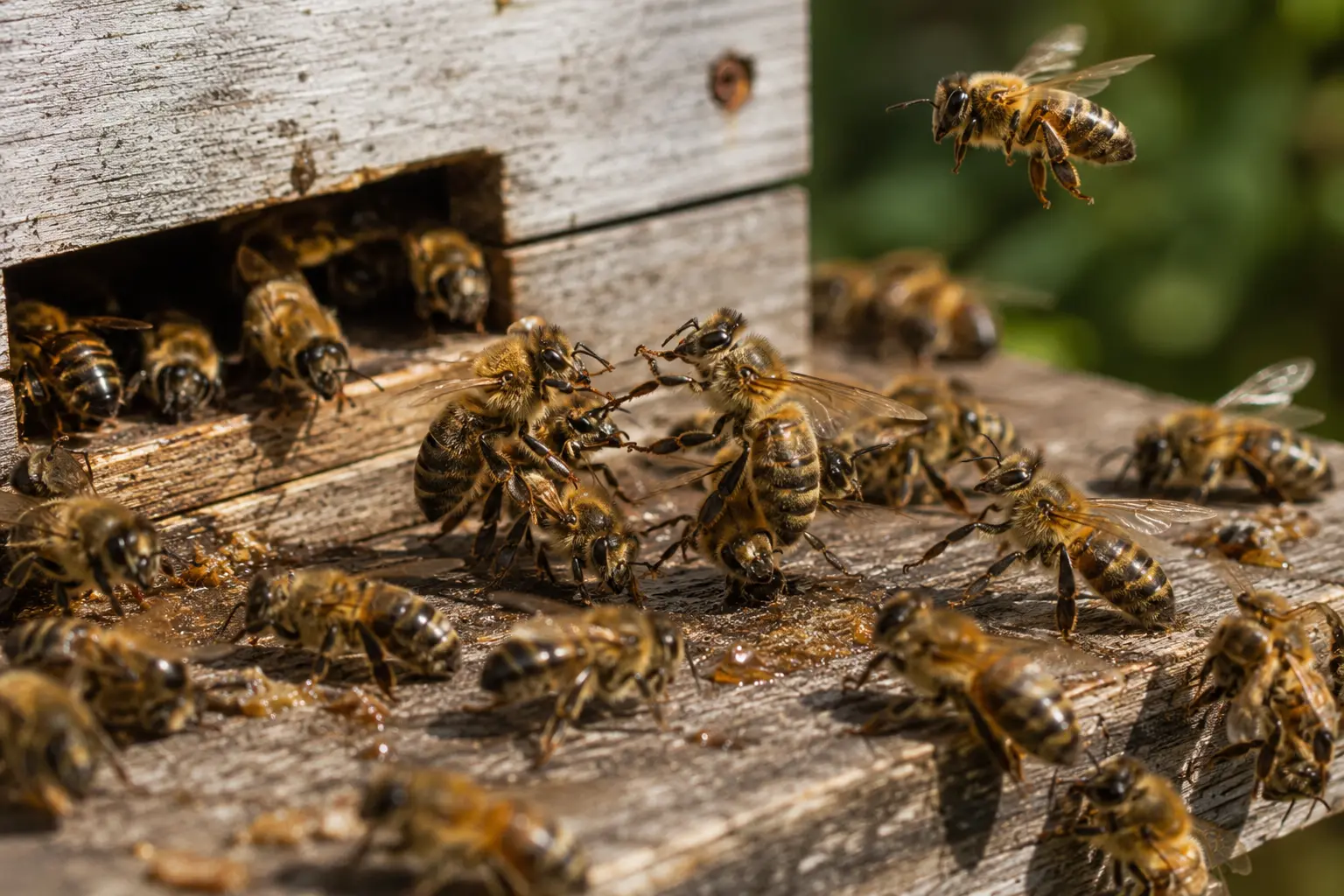 Honey bees fighting at a hive entrance during robbing behaviour