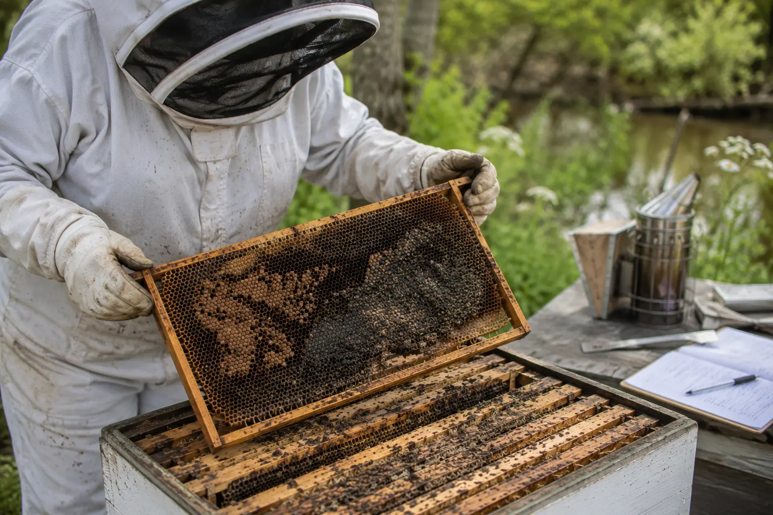 Beekeeper inspecting dead hive frames during post-mortem analysis