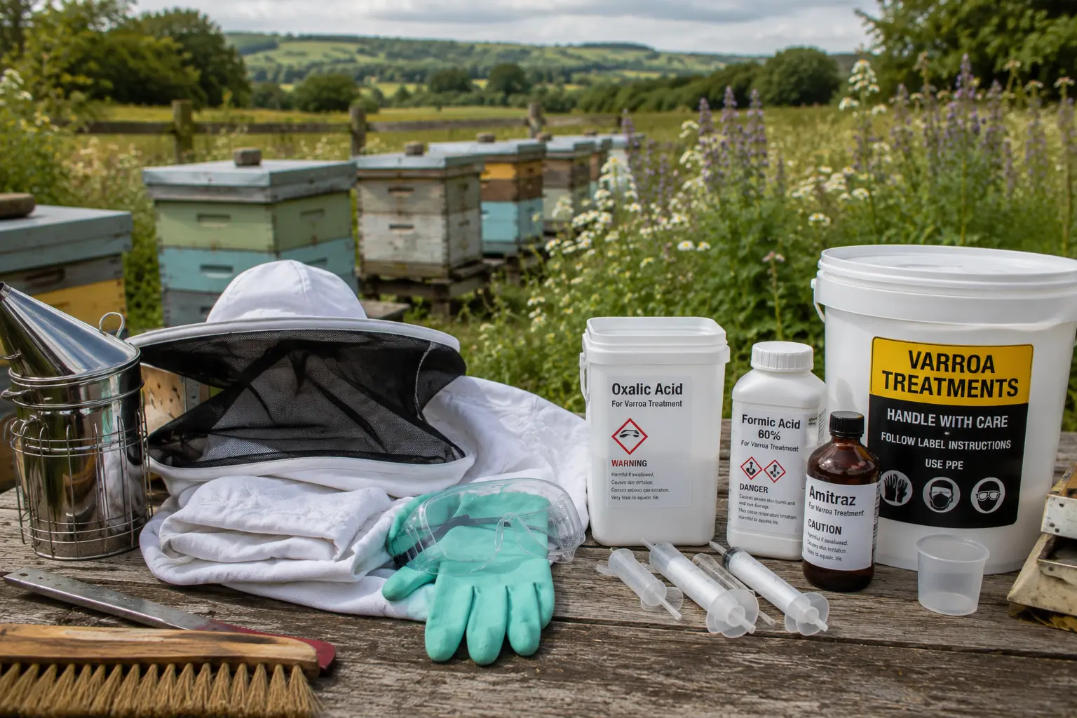 Beehive and beekeeping equipment in a UK apiary