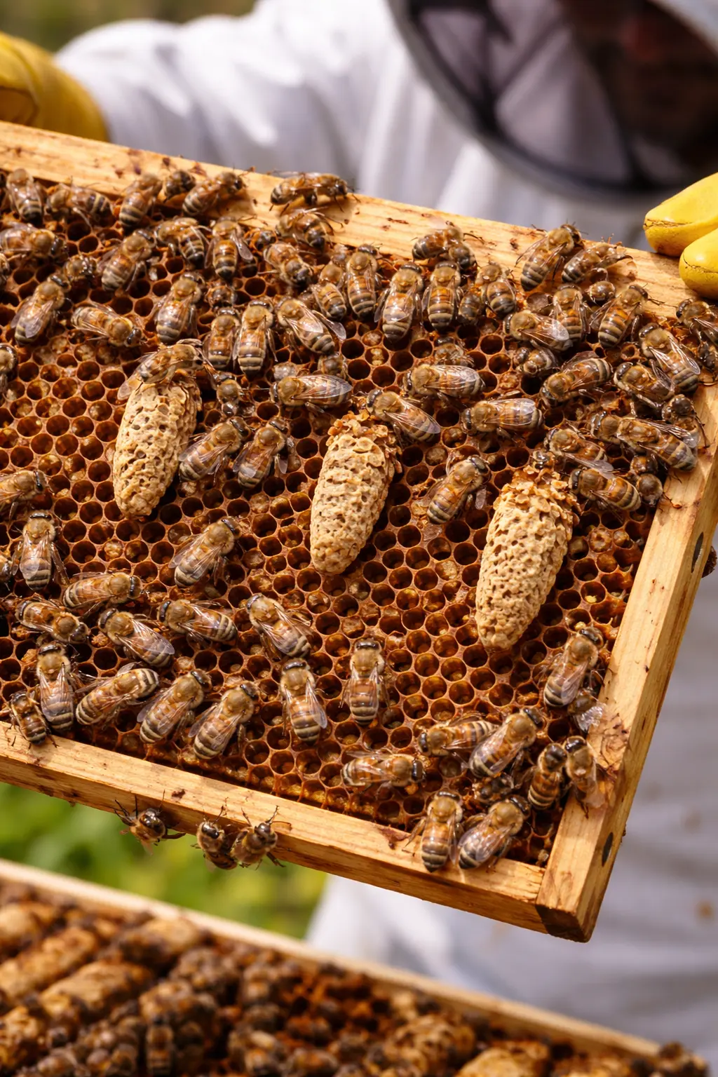 Beekeeper inspecting queen cells on a brood frame during swarm season