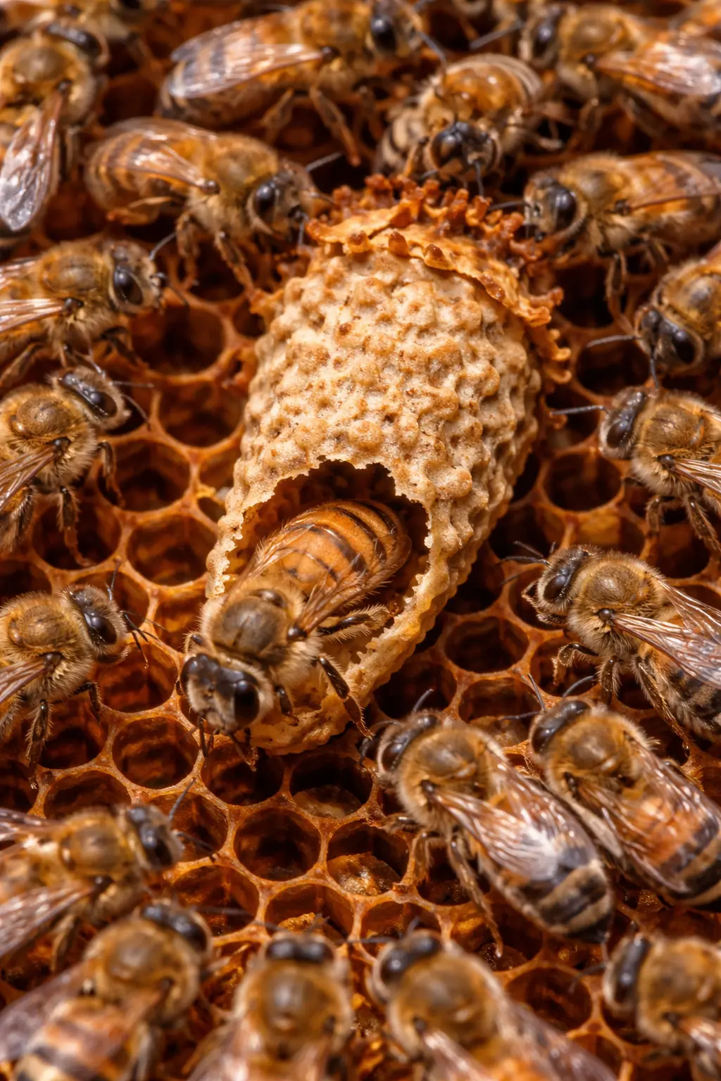 Virgin queen emerging from queen cell in a UK honey bee colony