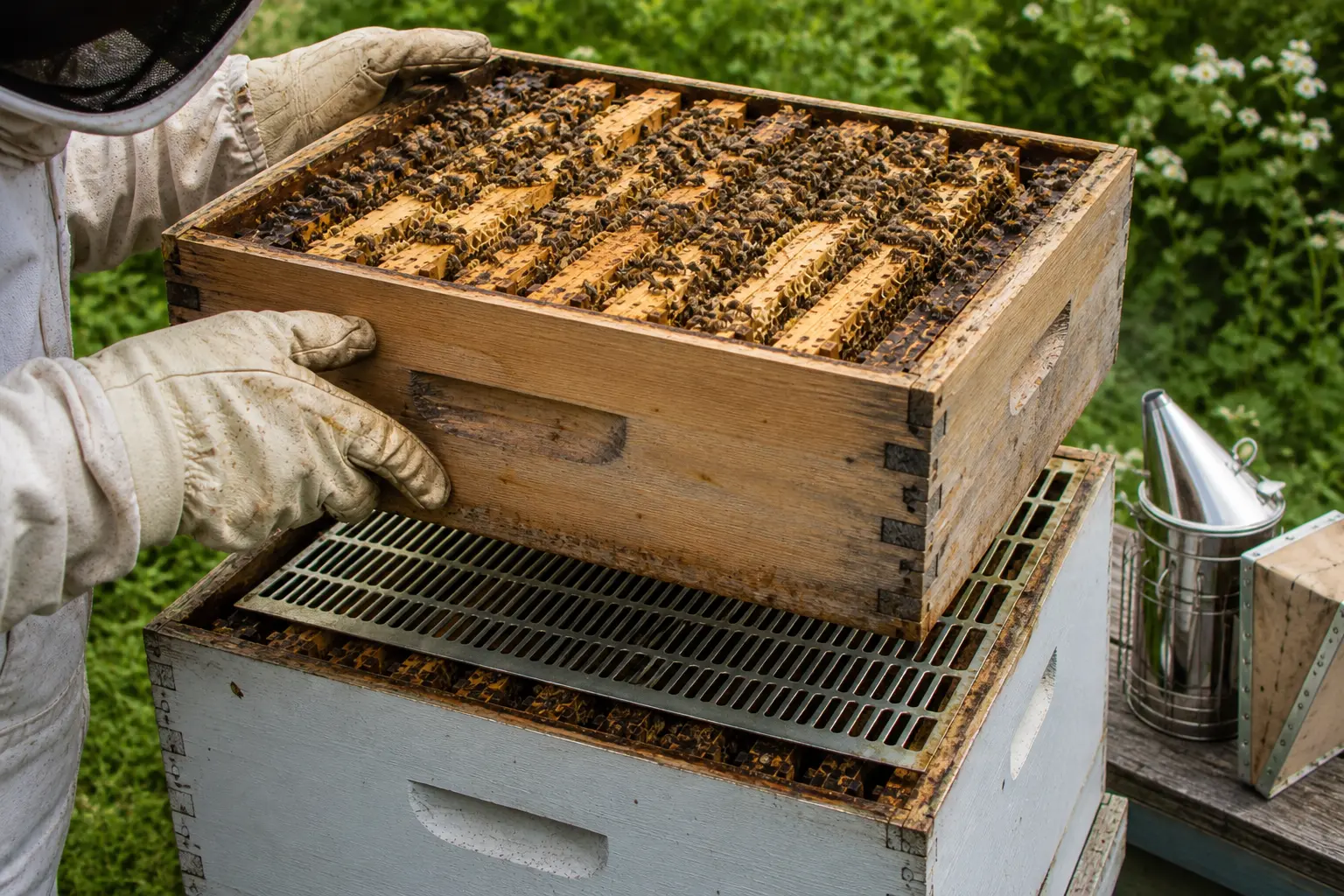 Queen excluder between brood box and honey super during a hive inspection