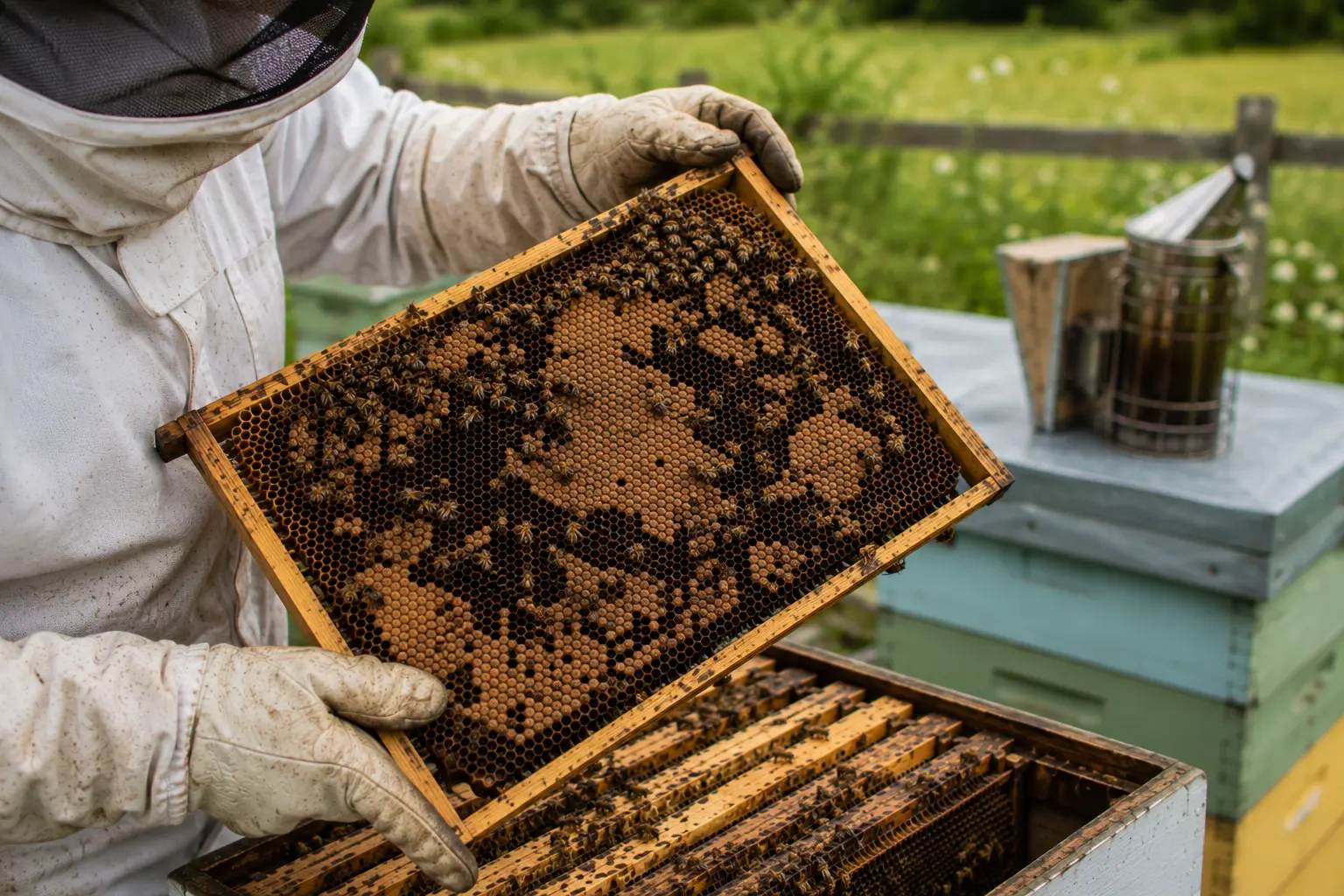 Beekeeper inspecting patchy brood that may indicate a poor or failing queen