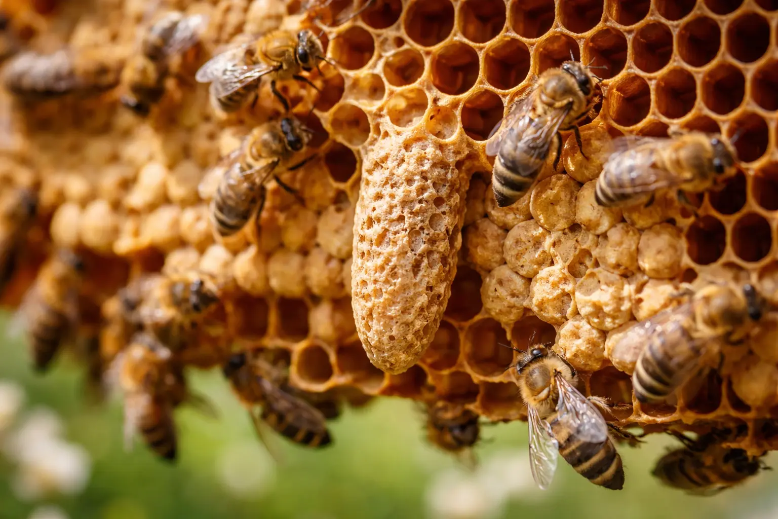 Close-up of queen cells on a brood frame during a hive inspection