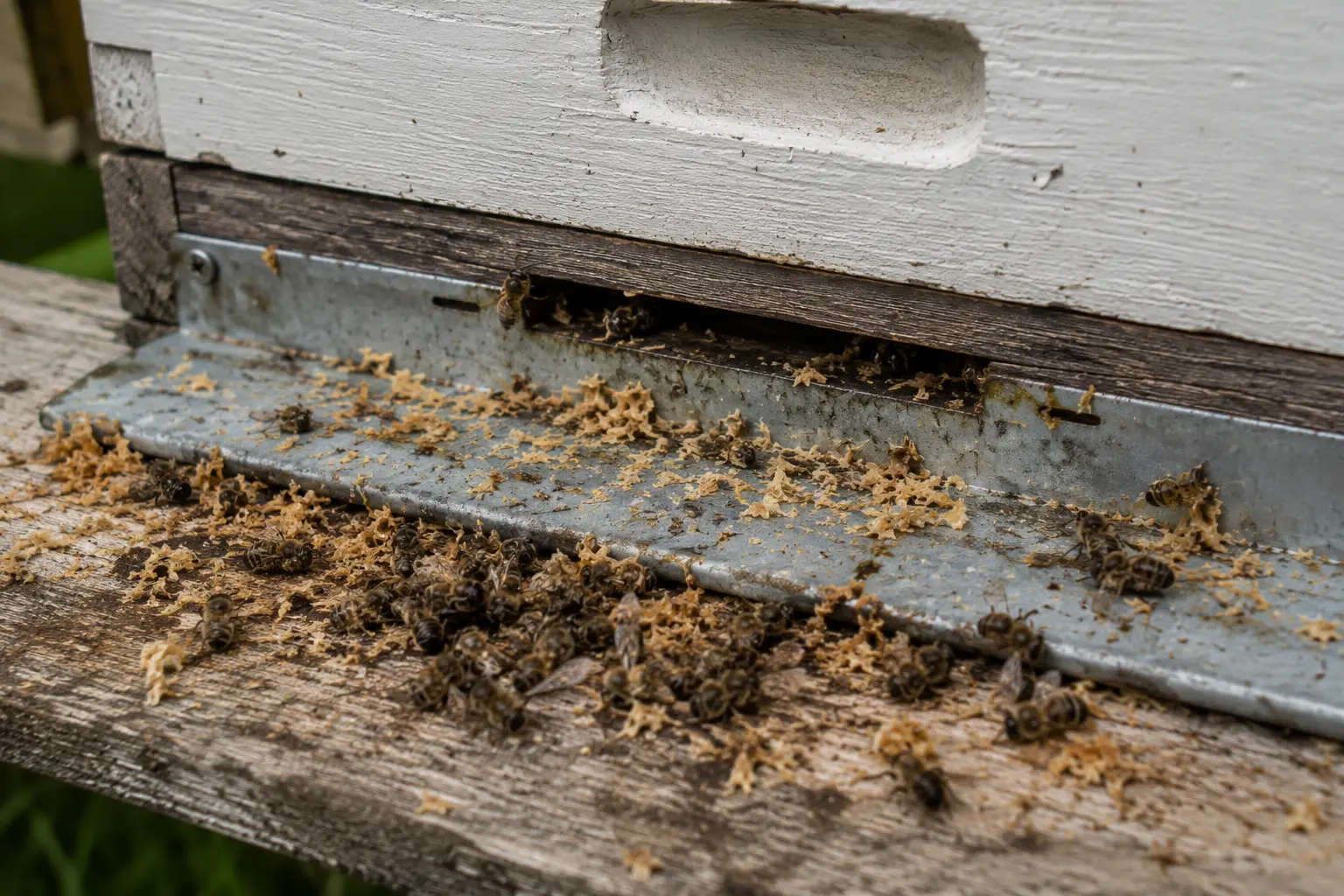 Hive entrance with wax debris and dead bees suggesting robbing or wasp attack