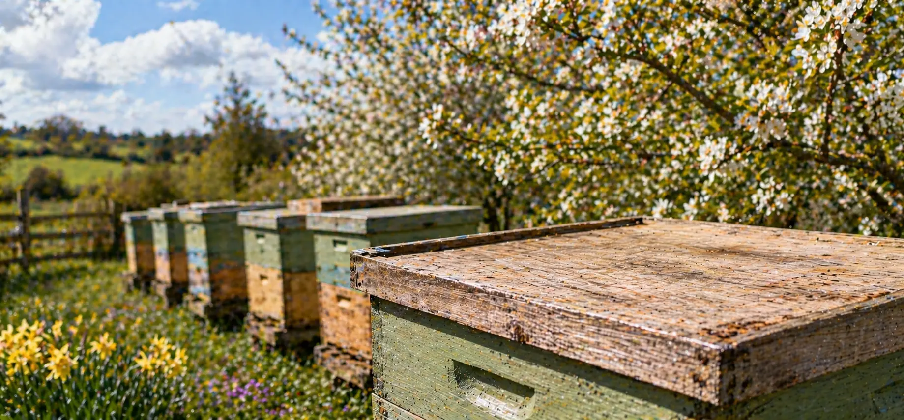 UK beekeeping scene with active hives and seasonal forage