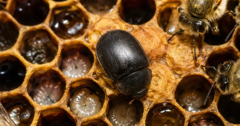 Small hive beetle adult on honey bee comb for identification