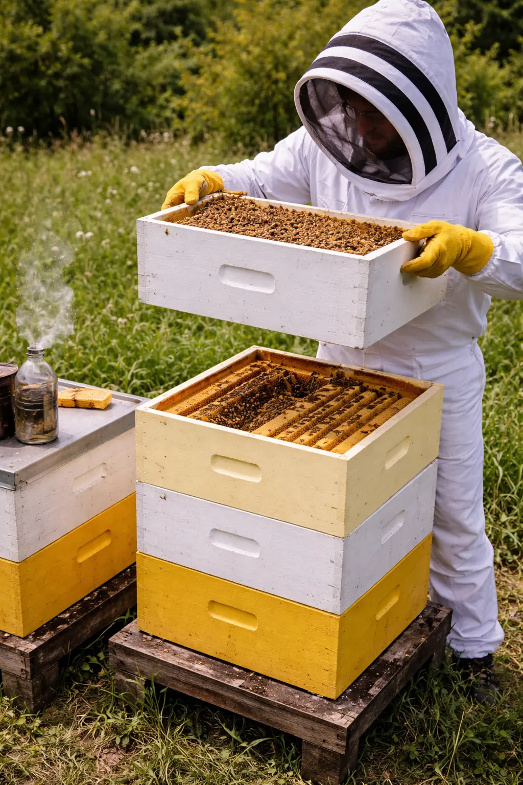 Beekeeper splitting a hive into two boxes to prevent swarming
