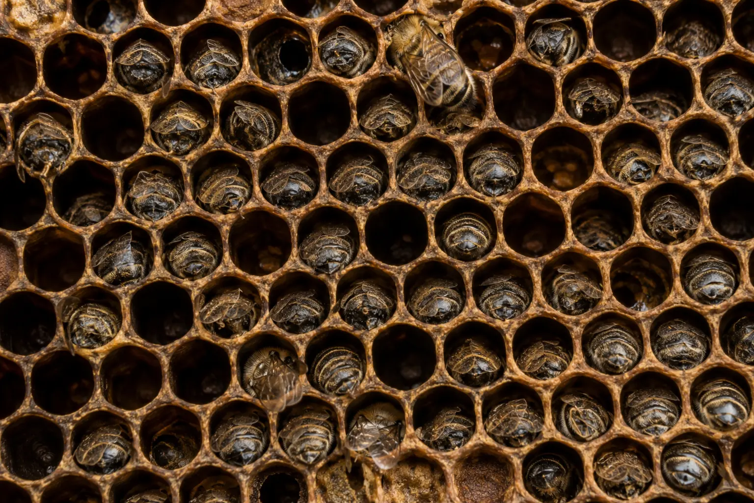 Dead bees with heads in cells showing a possible starvation pattern