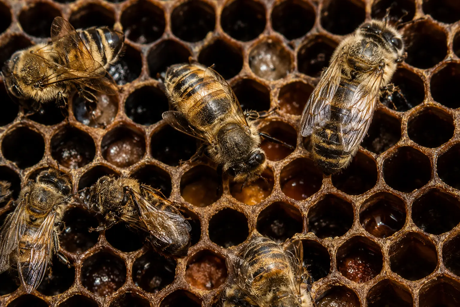 Honey bees on comb showing possible starvation signs
