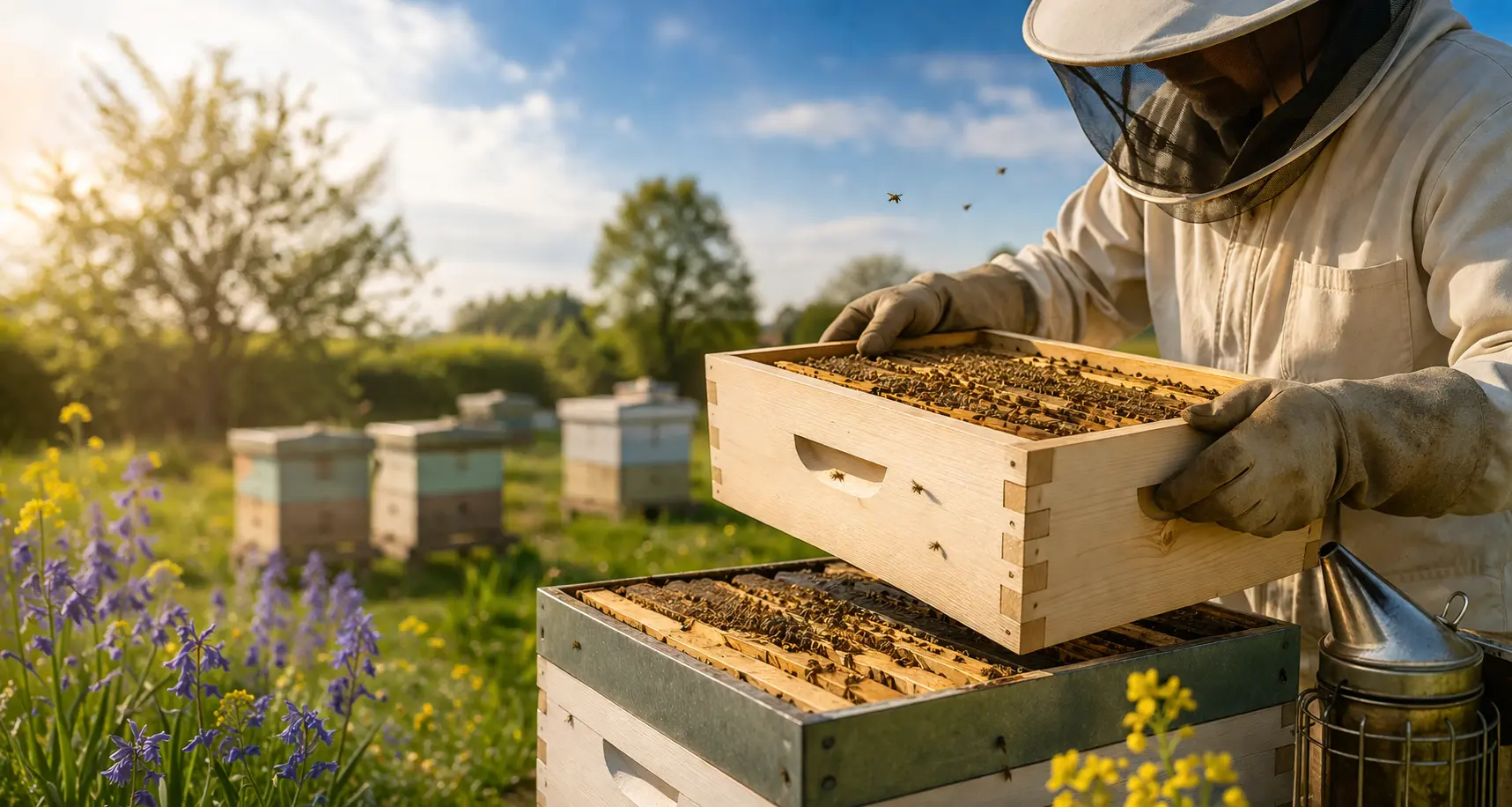 UK beekeeping scene with active hives and seasonal forage