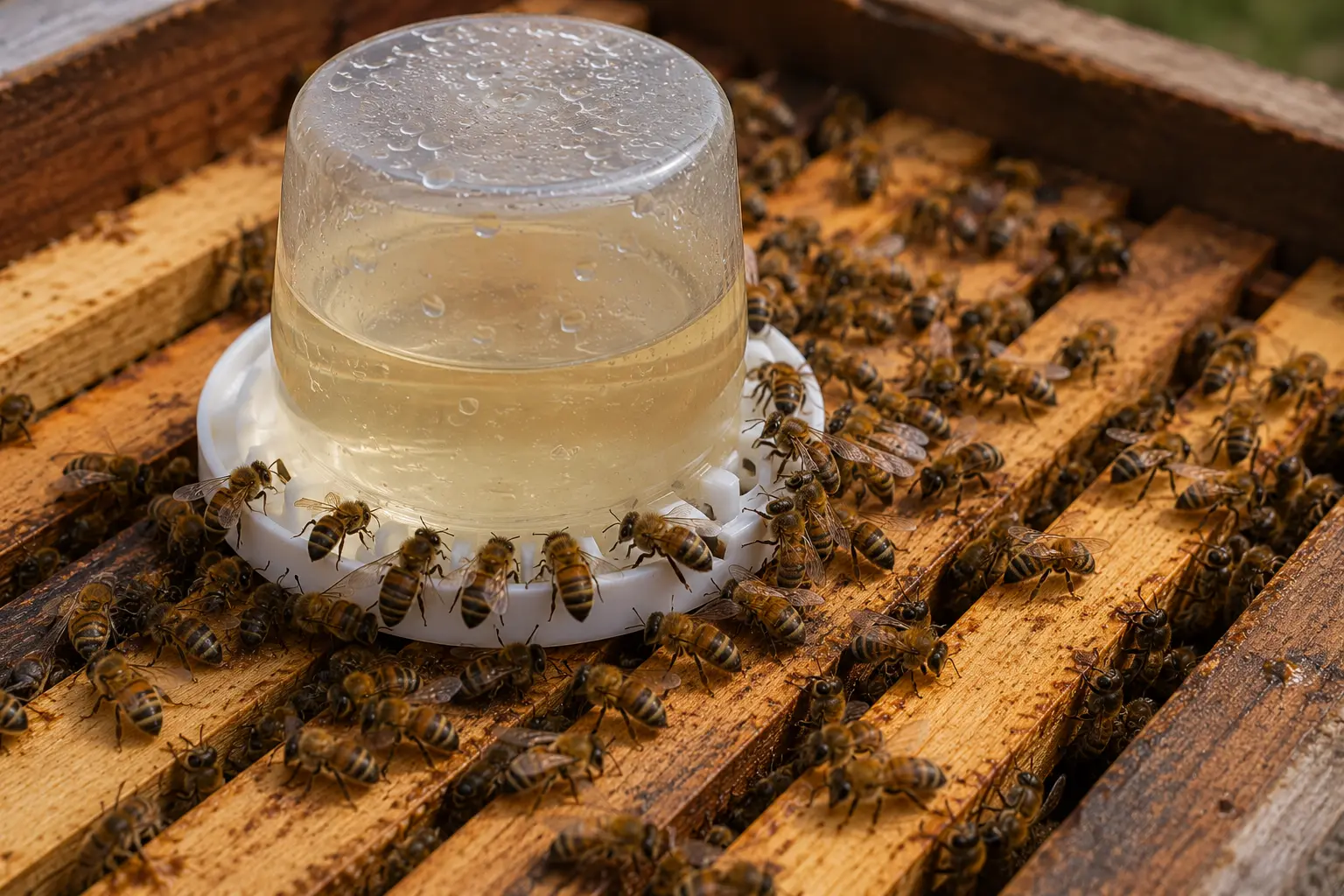 Honey bees using a syrup feeder during seasonal feeding