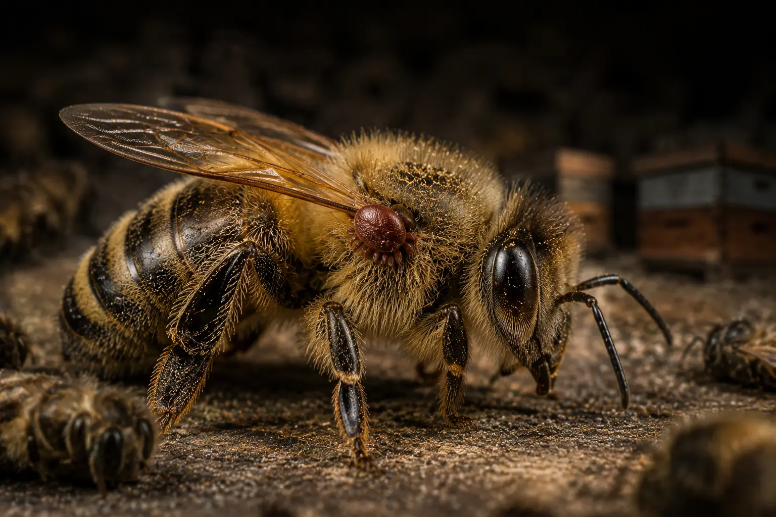 Honey bee with varroa mite showing risk of varroa-related colony collapse