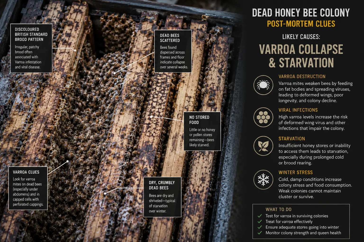 Dead hive inspection showing stores, dead bees and comb clues after colony collapse
