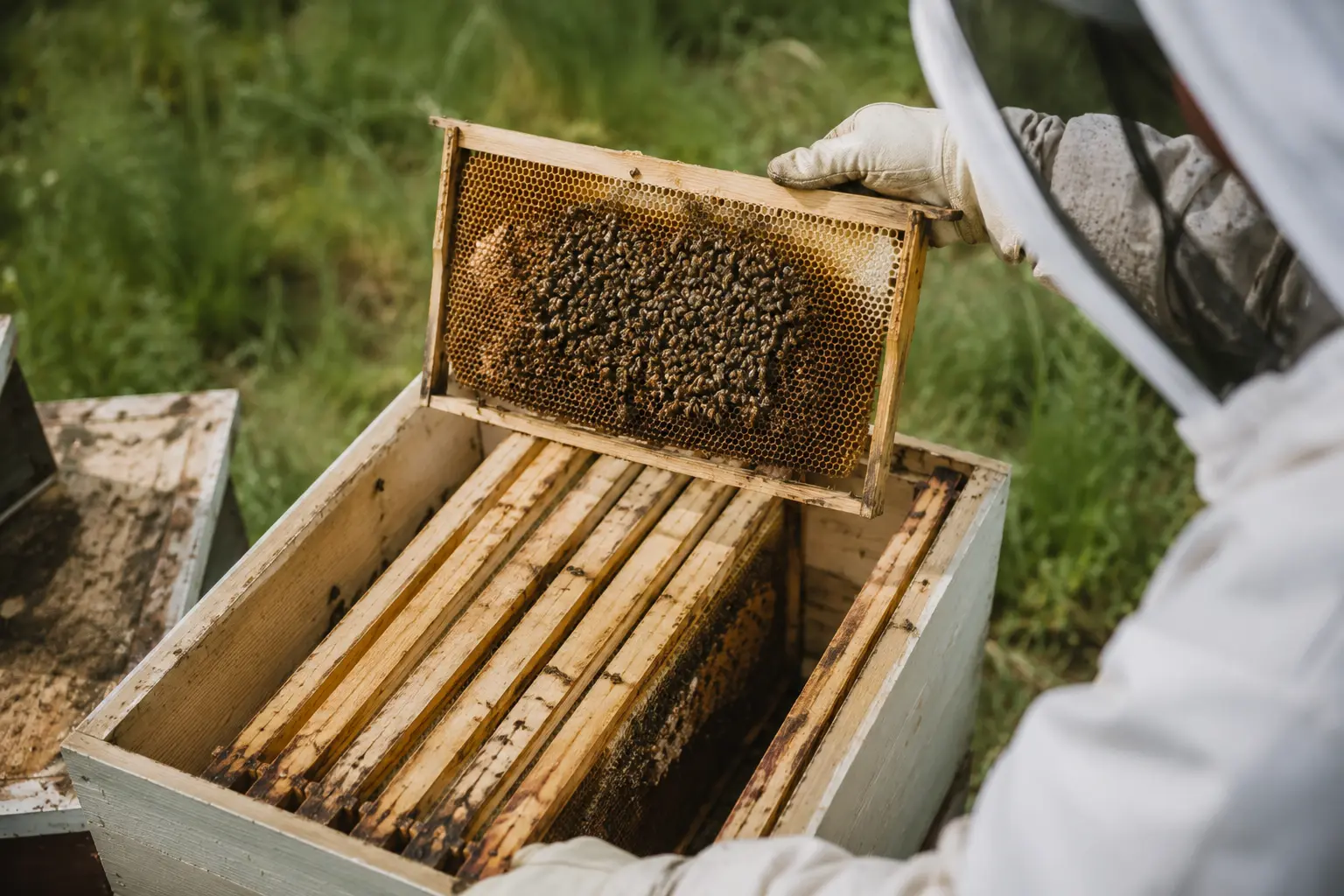 Small weak honey bee colony covering only a few frames during inspection