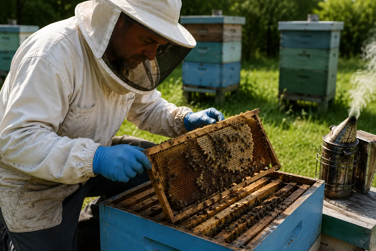 Beekeeper checking a weak colony before deciding whether feeding is appropriate
