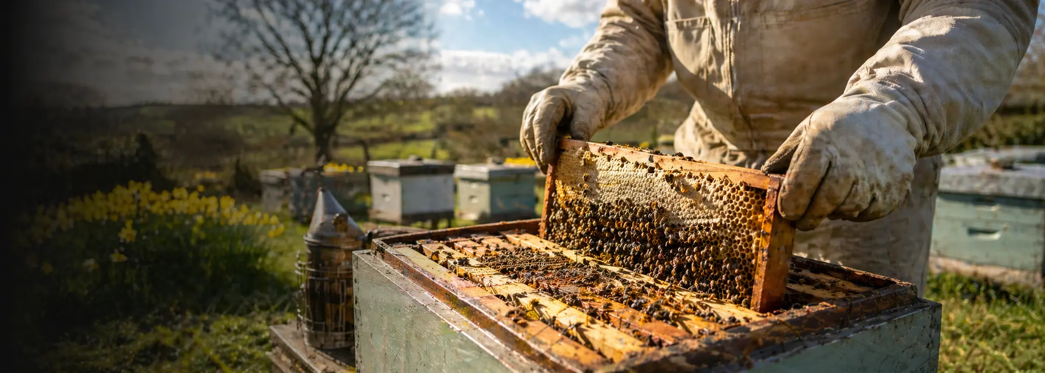 Beekeeper inspecting a frame in an open hive on a warm dry day