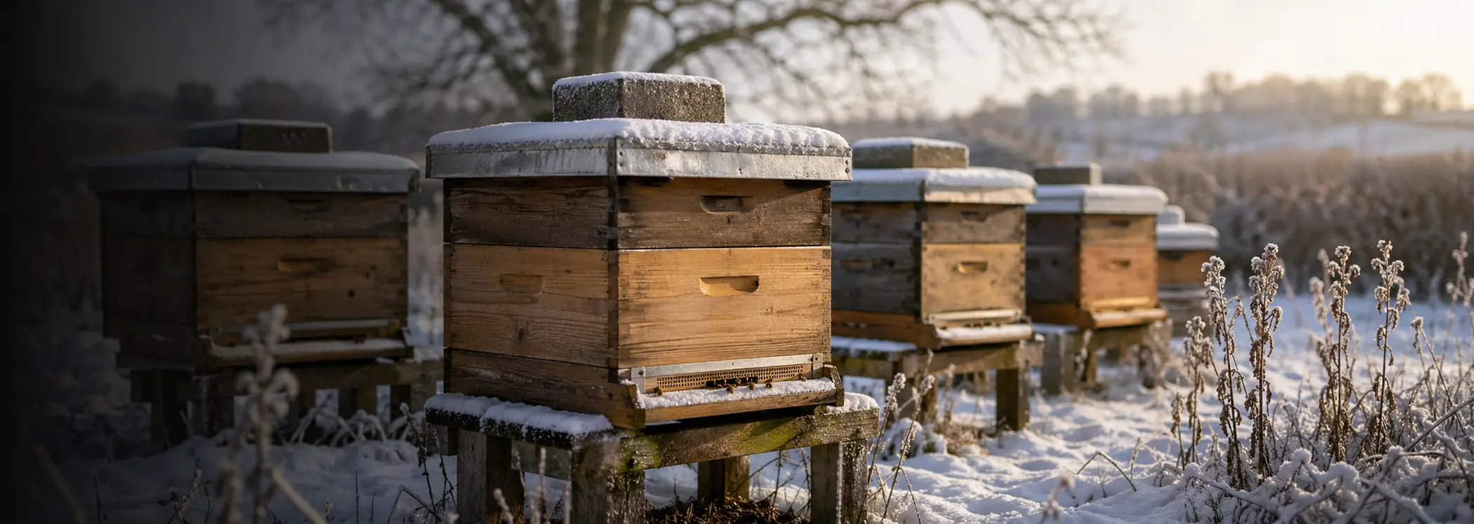 Snow-dusted beehives in a quiet UK apiary during winter