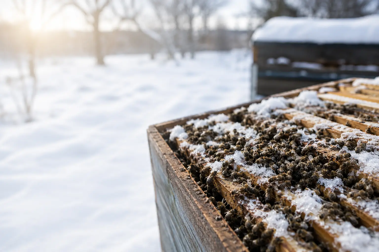 Bee hive in winter conditions showing risk of colony loss