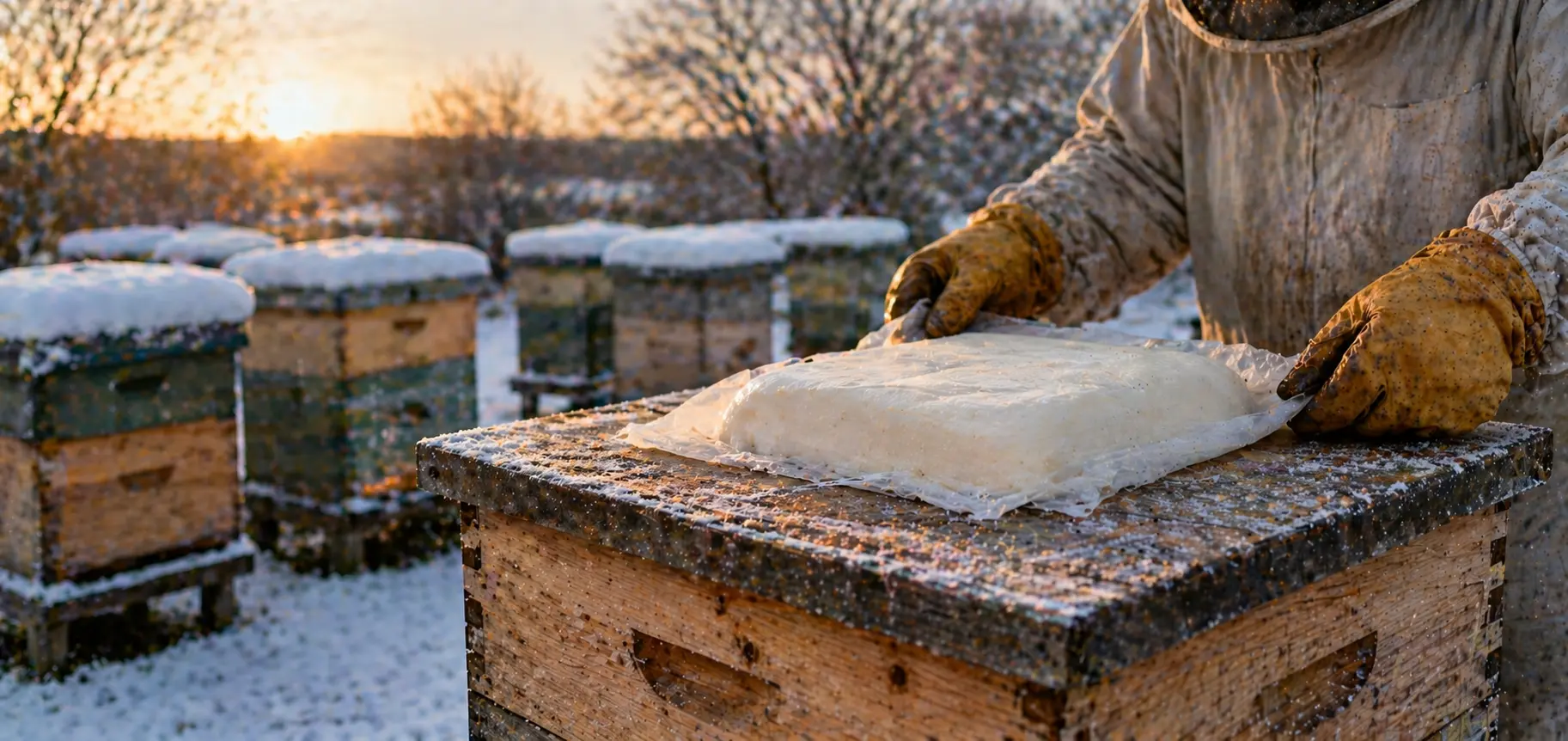UK beekeeping scene with active hives and seasonal forage